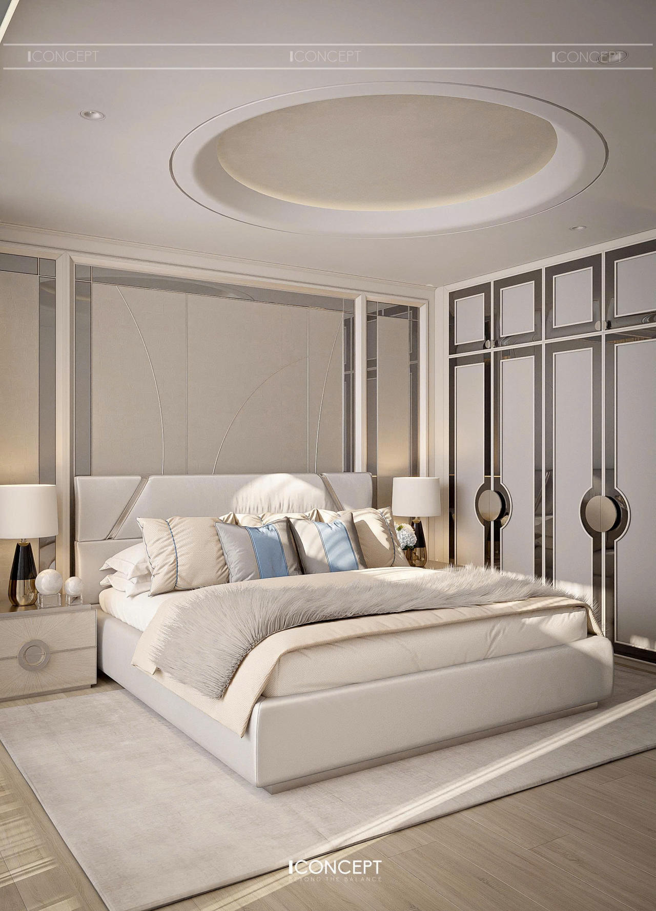 Thiết kế giường bọc nệm êm ái kết hợp hệ vách đầu giường trang trí tinh giản tạo nên cảm giác ấm cúng.