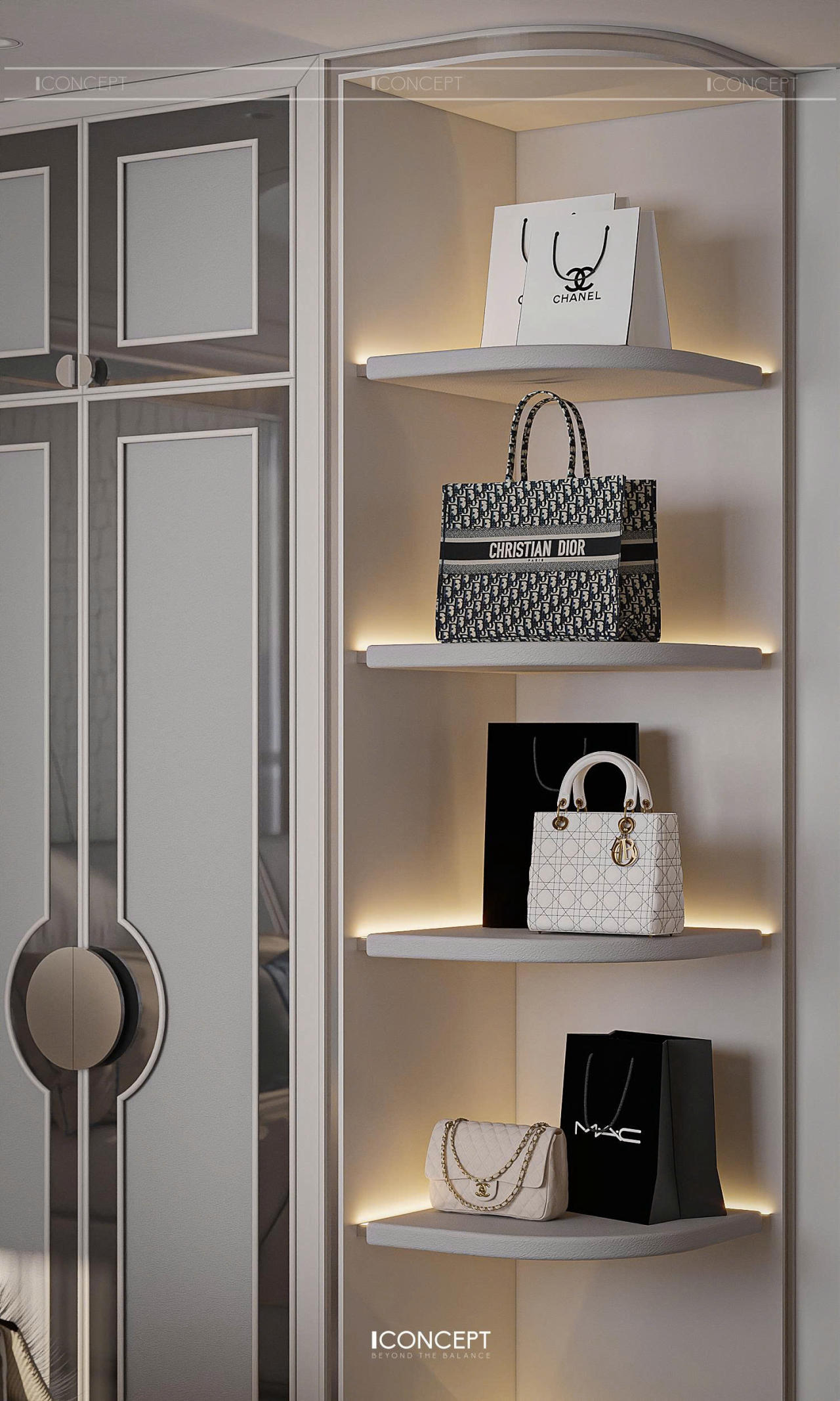 Hệ tủ quần áo kính kết hợp ánh sáng âm tủ vừa tăng tính thẩm mỹ vừa giúp không gian gọn gàng và hiện đại.