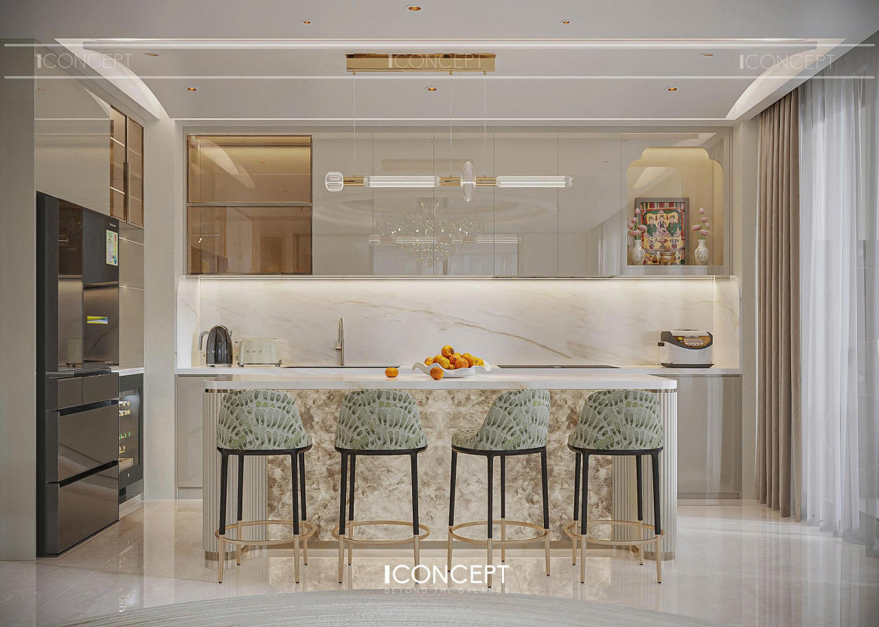 Khu bếp được tổ chức theo bố cục mở với đảo bếp trung tâm, vừa tăng công năng sử dụng vừa tạo điểm nhấn thẩm mỹ.