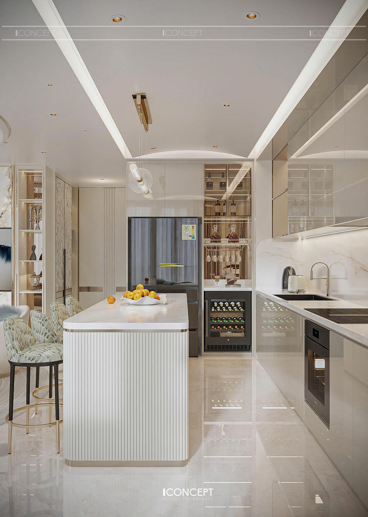 Bề mặt đá vân tự nhiên kết hợp hệ tủ bếp sáng màu giúp tổng thể không gian trở nên thanh thoát và hiện đại.