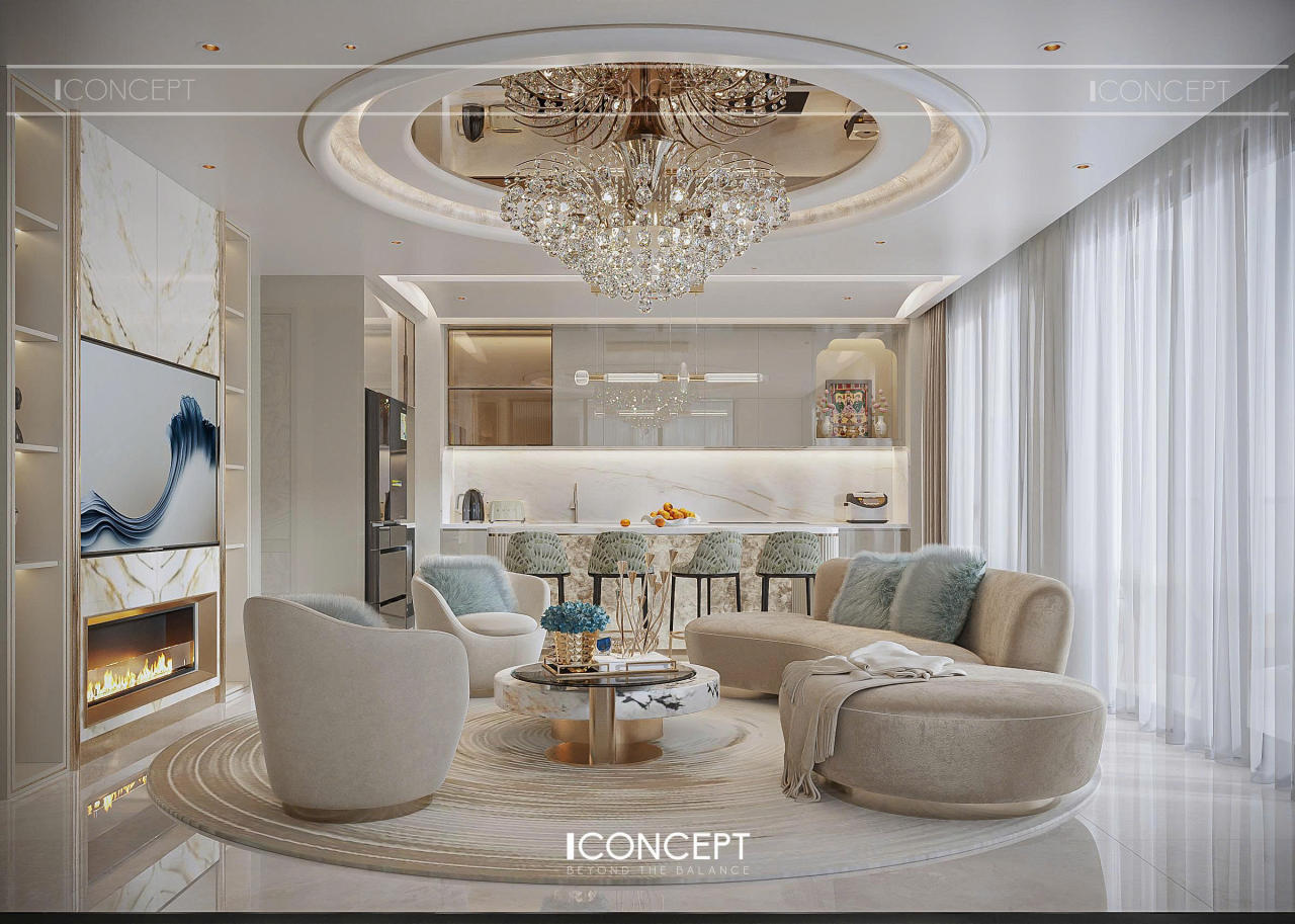 Nội thất được tiết chế vừa đủ: sofa bo tròn mềm mại, bàn trà mặt kính kết hợp decor tinh giản, tất cả cùng hướng đến một cảm giác thư thái – sang trọng nhưng không phô trương, để mỗi cuộc trò chuyện, mỗi khoảnh khắc sum vầy đều trở nên trọn vẹn.