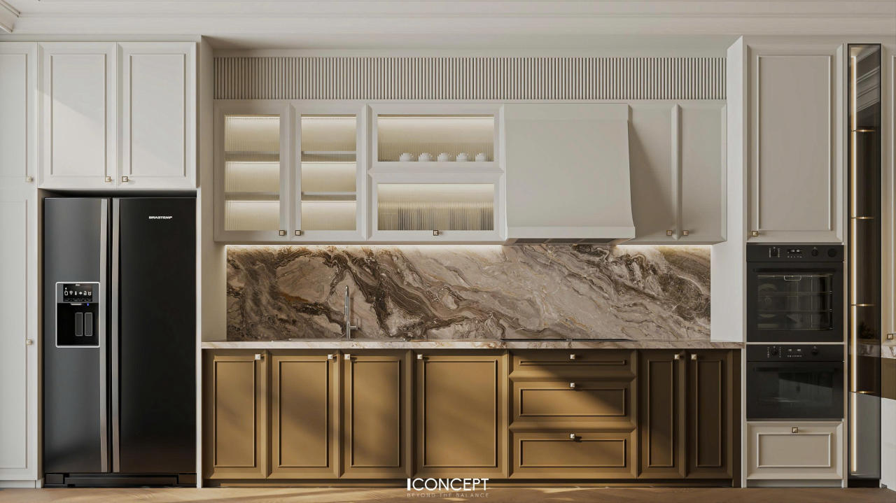 Hệ tủ bếp sử dụng gam màu trung tính, kết hợp vật liệu hoàn thiện cao cấp, mang đến cảm giác sạch sẽ, tiện nghi và dễ sử dụng.
