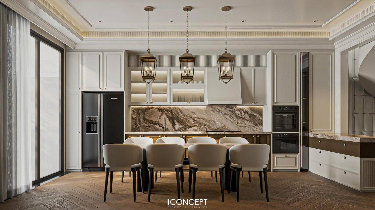 Không gian bếp – ăn được thiết kế liên thông, đảm bảo sự liền mạch trong sinh hoạt và giữ được vẻ đẹp gọn gàng, sang trọng.