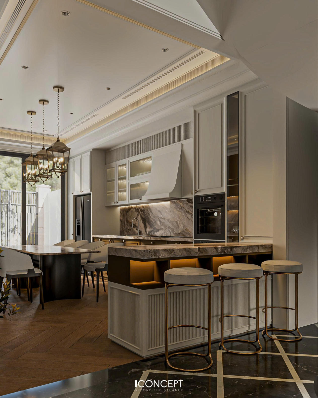 Bàn ăn được bố trí cân đối, ánh sáng được xử lý khéo léo, tạo nên không gian quây quần ấm áp cho những bữa ăn gia đình.