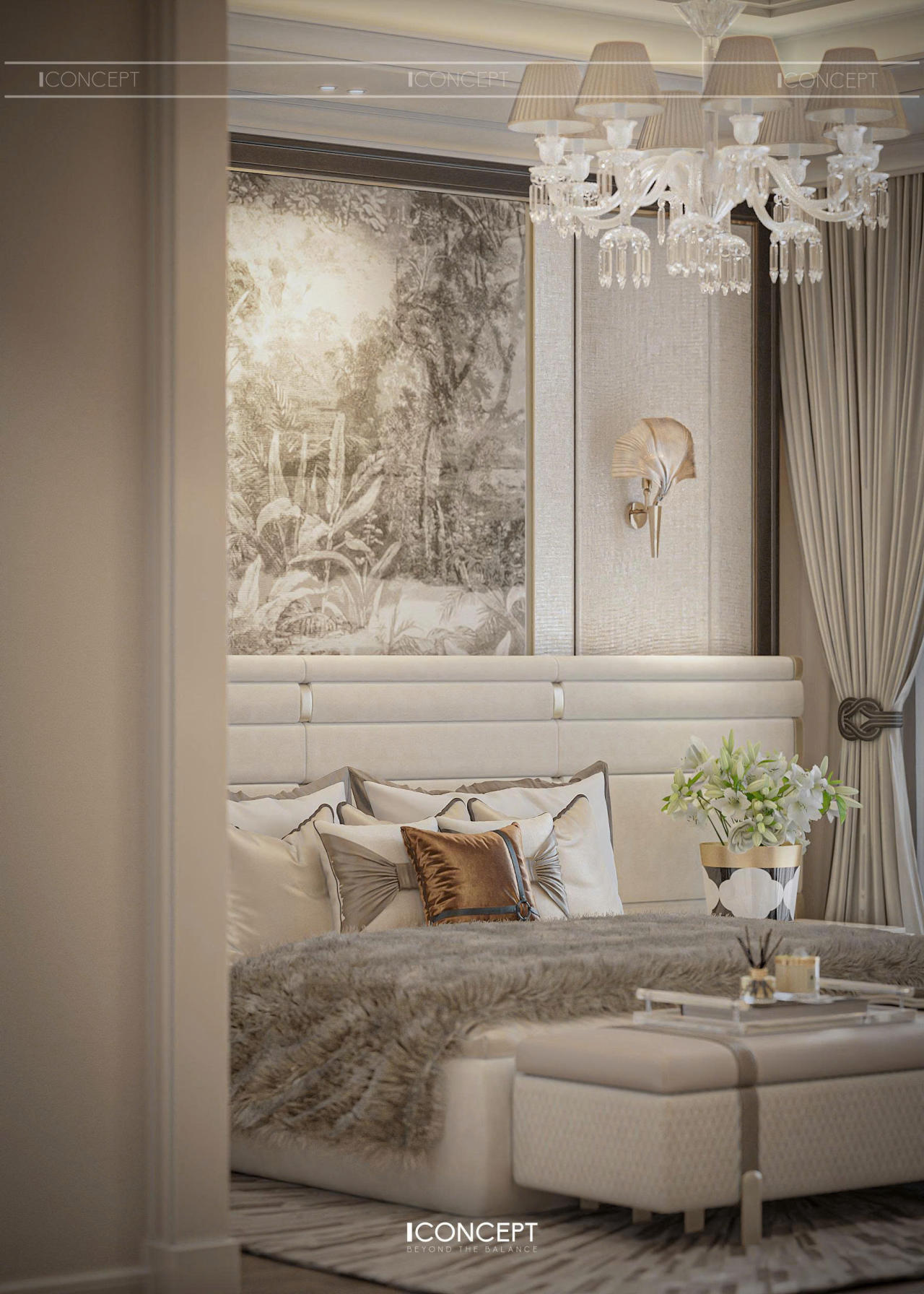 Giường ngủ được đặt tại vị trí trung tâm, đóng vai trò điểm nhấn thị giác với thiết kế đầu giường bọc nệm mềm mại, kết hợp mảng tường trang trí tinh tế phía sau.