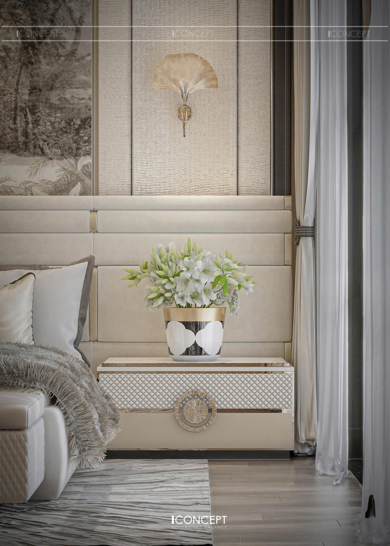 Các chi tiết tay nắm, viền kim loại ánh vàng và bề mặt hoàn thiện cao cấp được chăm chút kỹ lưỡng, thể hiện sự đầu tư chỉn chu trong từng đường nét thiết kế nội thất.