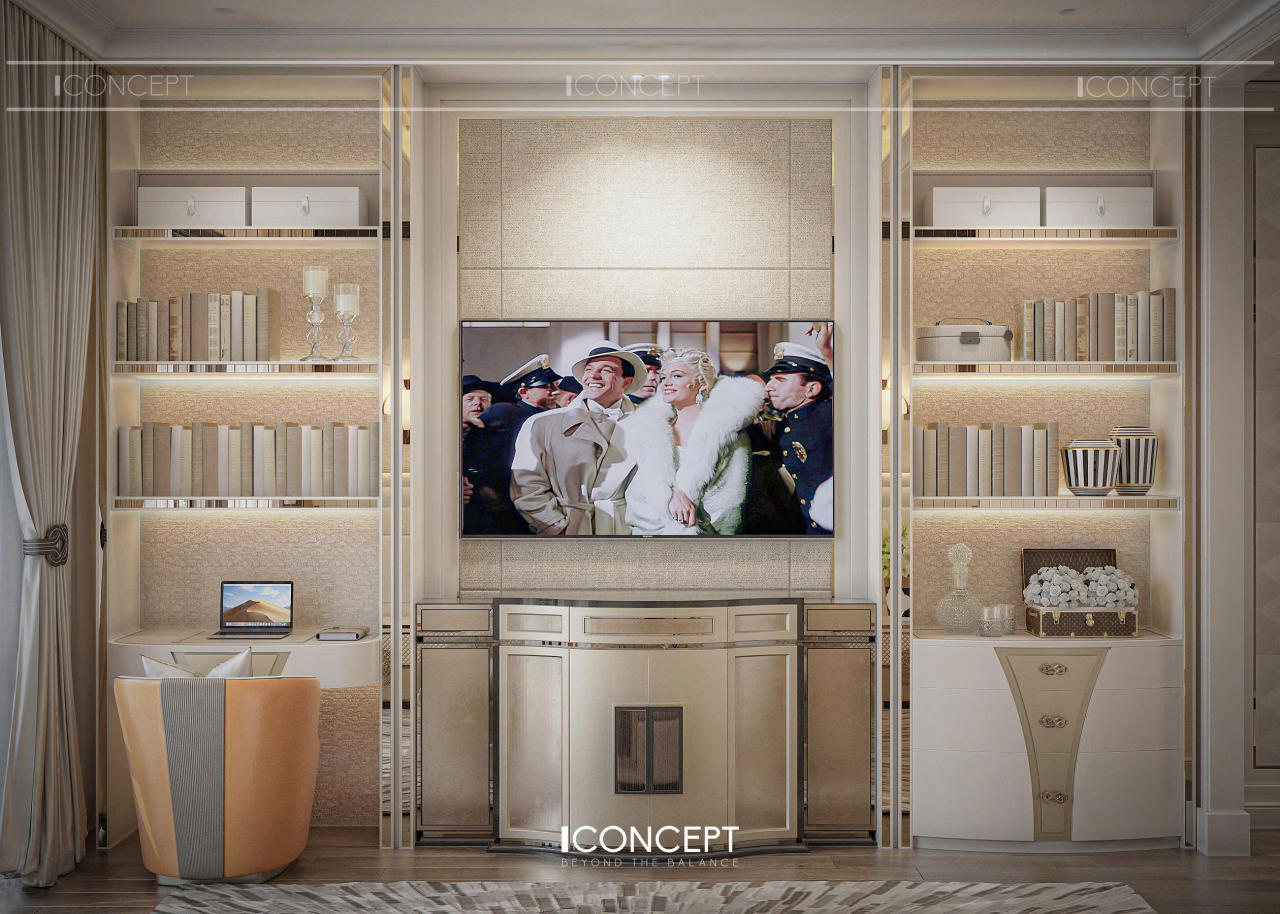 Hệ tủ và kệ trang trí được bố trí đối xứng, kết hợp ánh sáng gián tiếp, giúp không gian thêm phần sang trọng và tăng tính trưng bày cho các vật dụng decor.