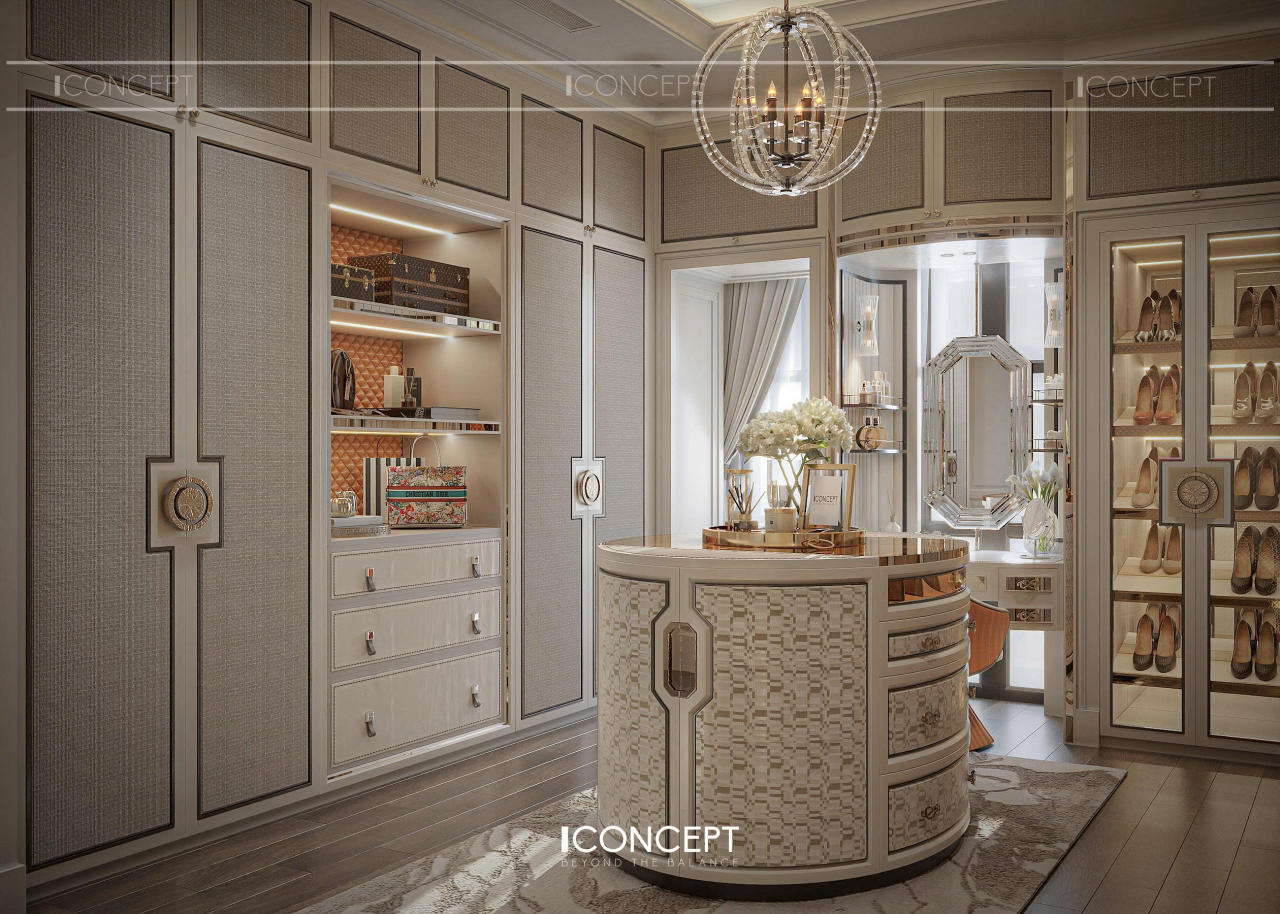 Bố cục closet được tổ chức khoa học, phân chia rõ ràng các khu vực treo, ngăn tủ và kệ trưng bày, giúp việc sử dụng trở nên thuận tiện và gọn gàng.