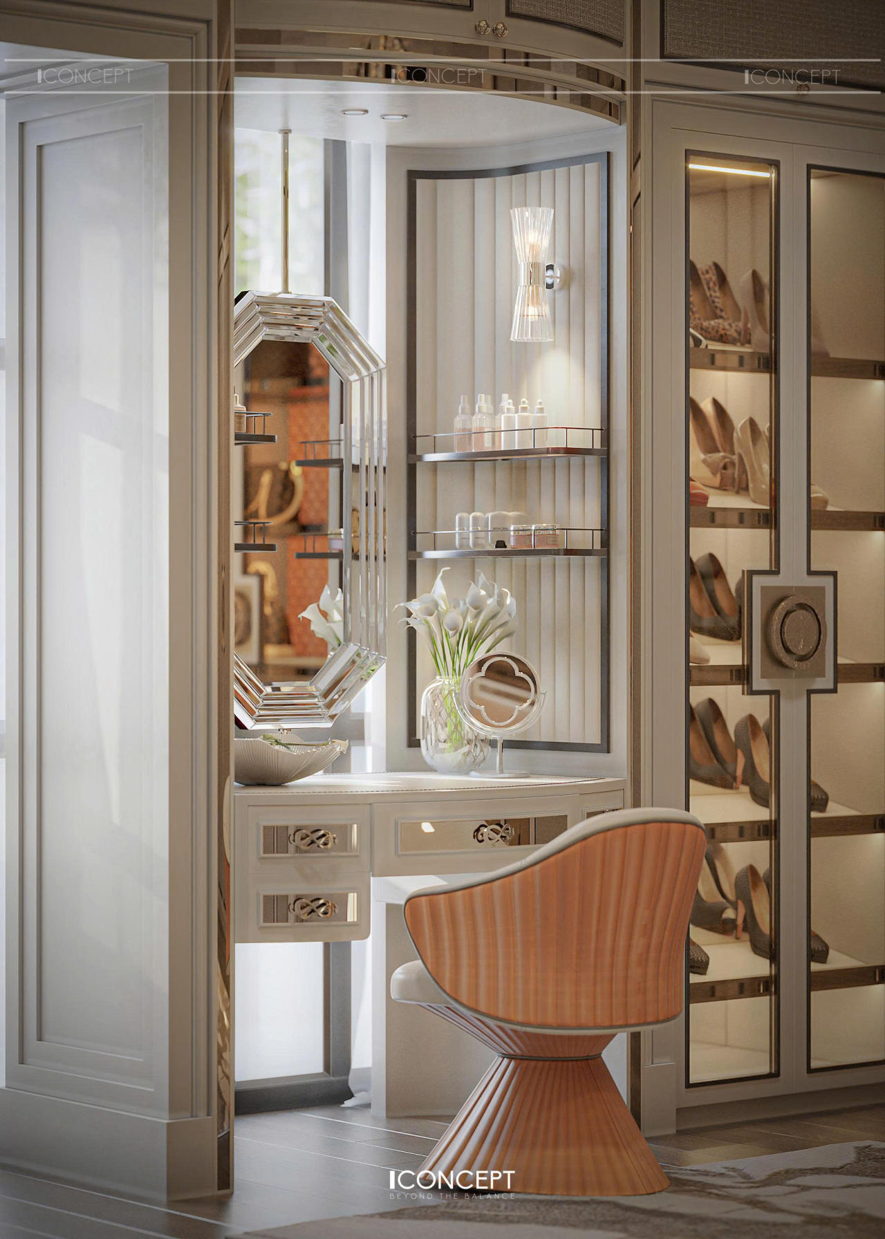 Bàn trang điểm được thiết kế như một điểm nhấn mềm mại trong không gian phòng ngủ, nơi công năng và thẩm mỹ được cân bằng hài hòa.