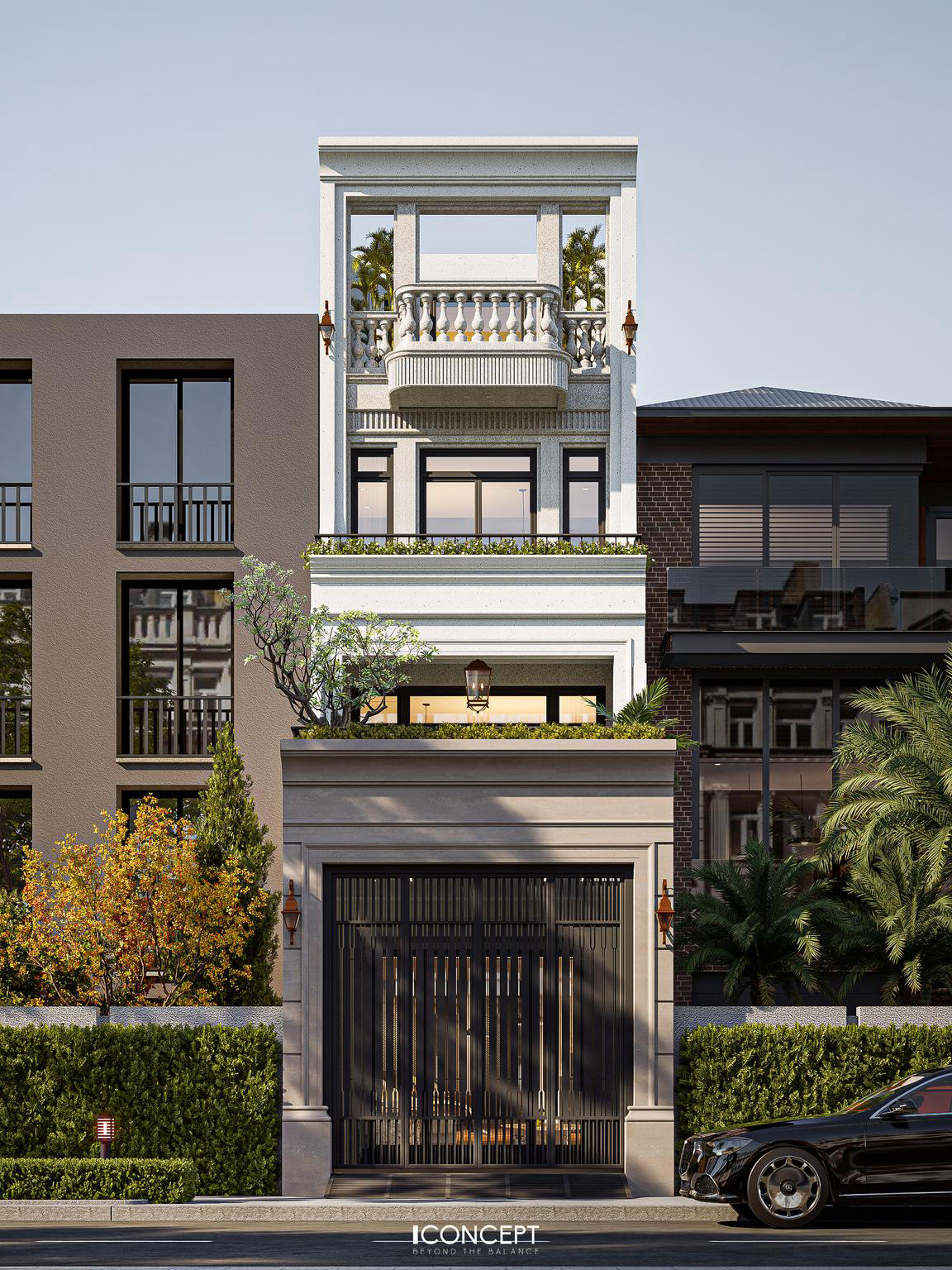 Mặt tiền được tổ chức chặt chẽ với bố cục đối xứng, kết hợp phào chỉ tinh giản, tạo dấu ấn thẩm mỹ trang nhã nhưng không phô trương.