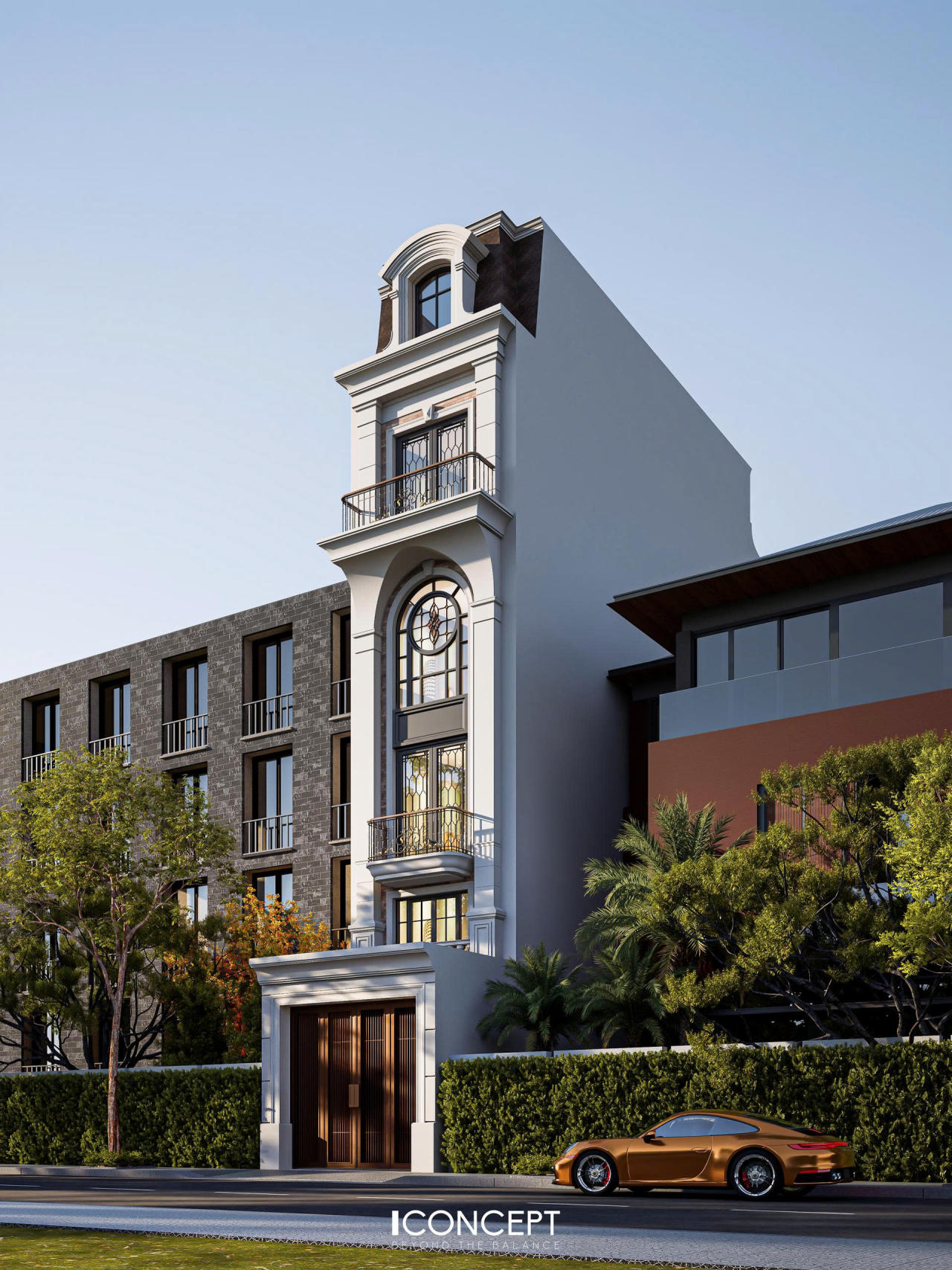 Thiết kế đã khéo léo sử dụng hệ cửa cao, lam chắn nắng, ban công sâu và khoảng đệm xanh để điều hòa vi khí hậu bên trong.