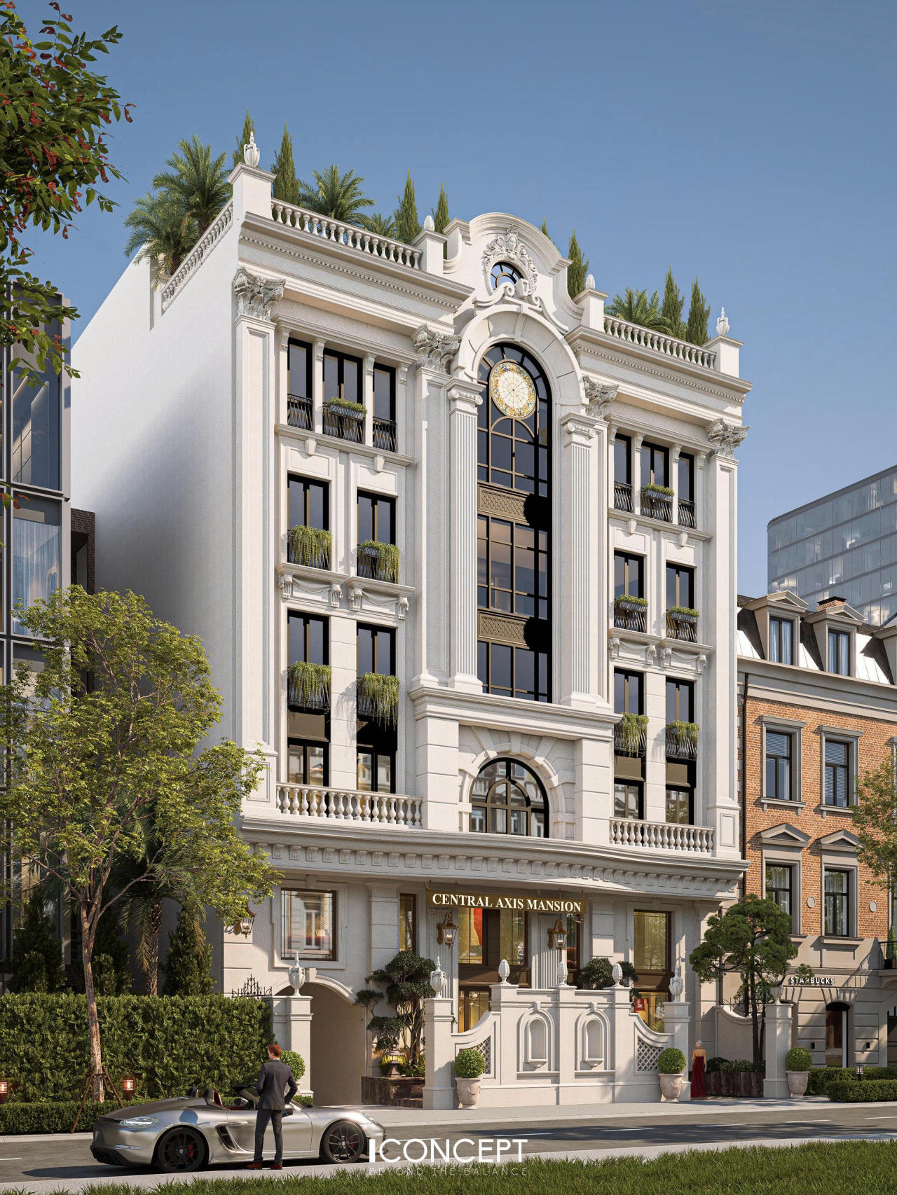 Dự án cũng thể hiện rõ năng lực xử lý bài toán nhà phố mặt tiền hẹp nhưng yêu cầu sang trọng và hoành tráng