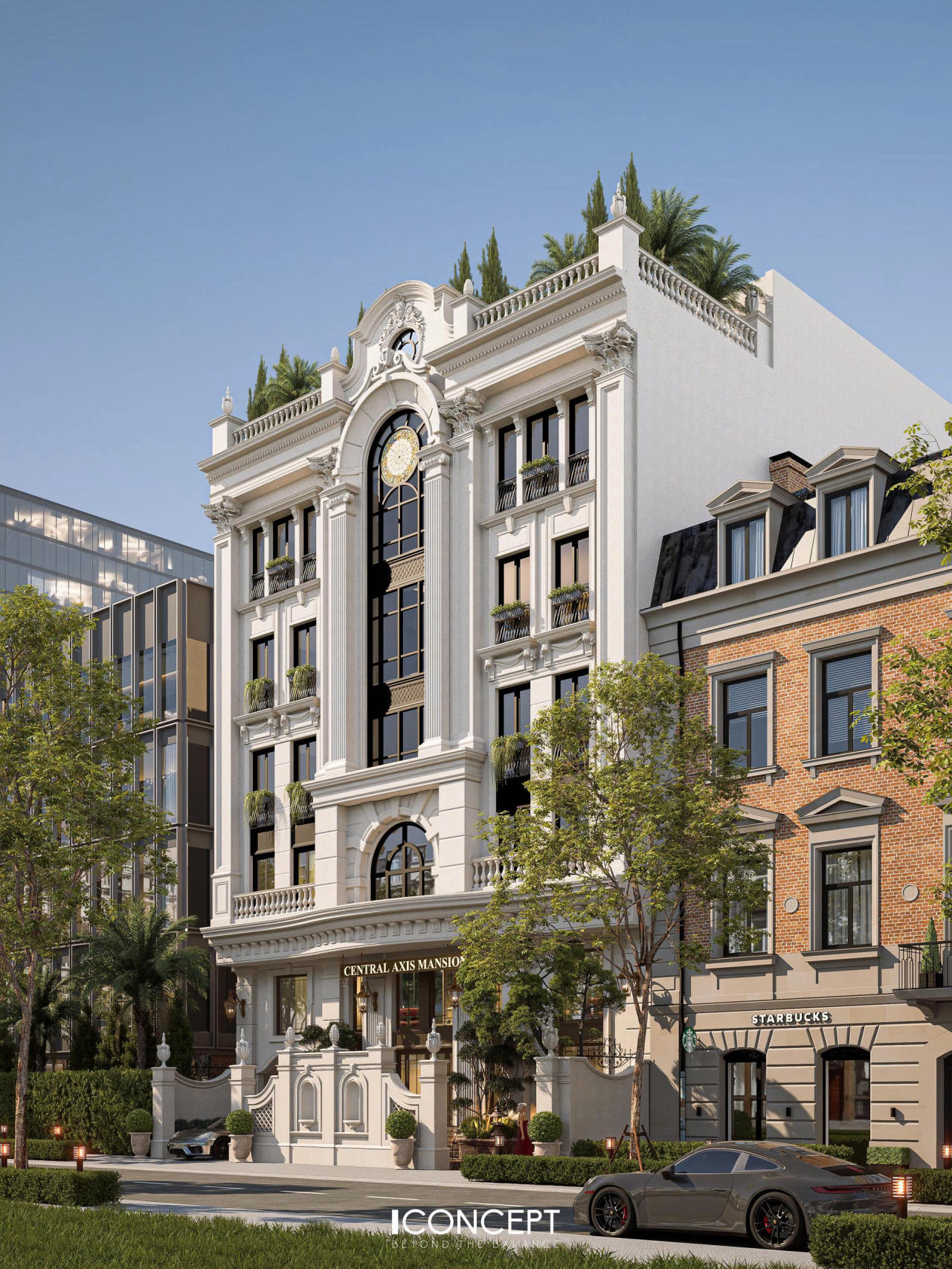 Hệ cột Corinthian cao vút, các chi tiết phào chỉ được tiết chế tinh tế cùng ban công đá balustrade chuẩn mực