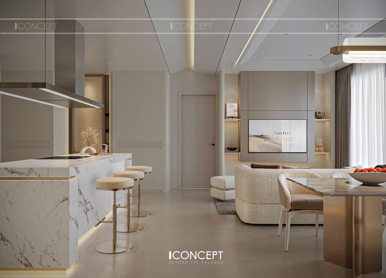 ự kết nối mở giữa khu vực bếp và phòng khách không chỉ tối ưu diện tích mà còn tạo ra dòng chảy cảm xúc xuyên suốt cho ngôi nhà.