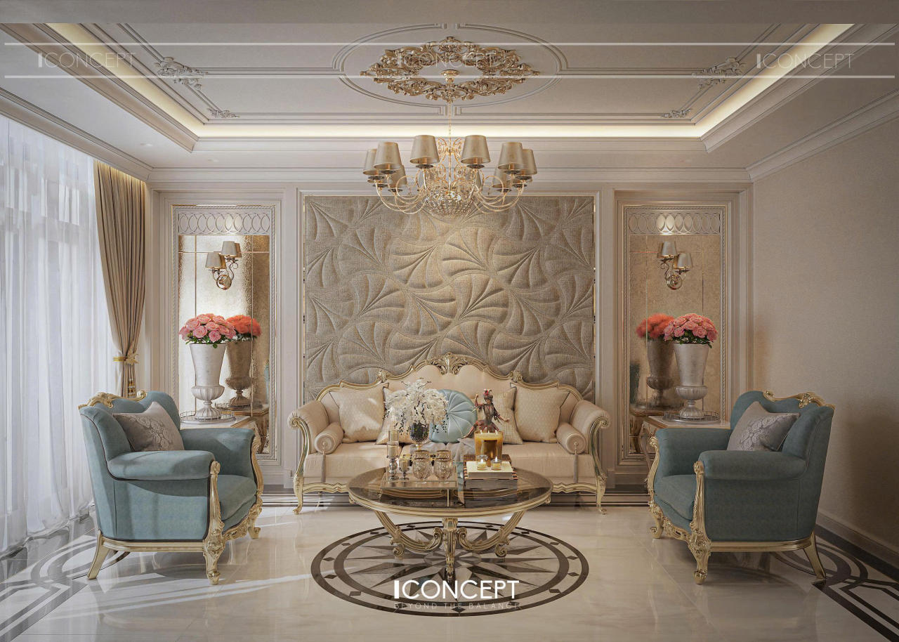 Phòng khách phong cách Neo-Classic sang trọng với bố cục đối xứng chuẩn mực