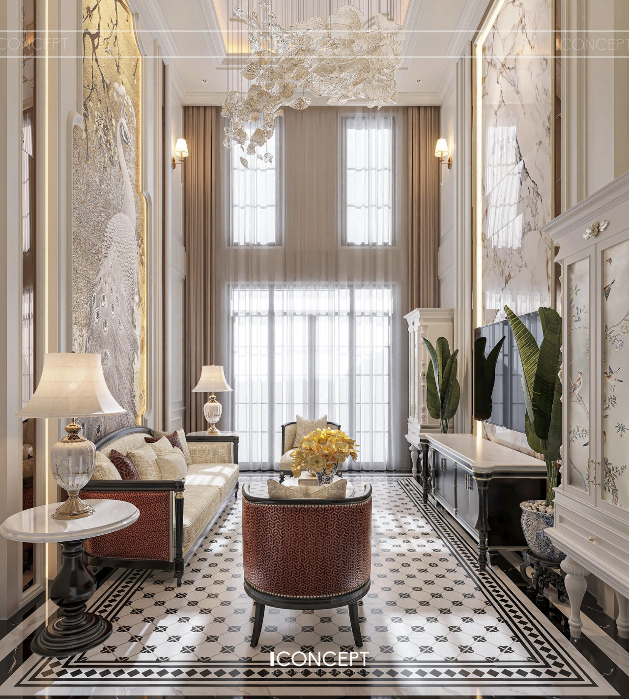 Hệ cửa kính lớn kết hợp rèm hai lớp giúp tận dụng tối đa ánh sáng tự nhiên