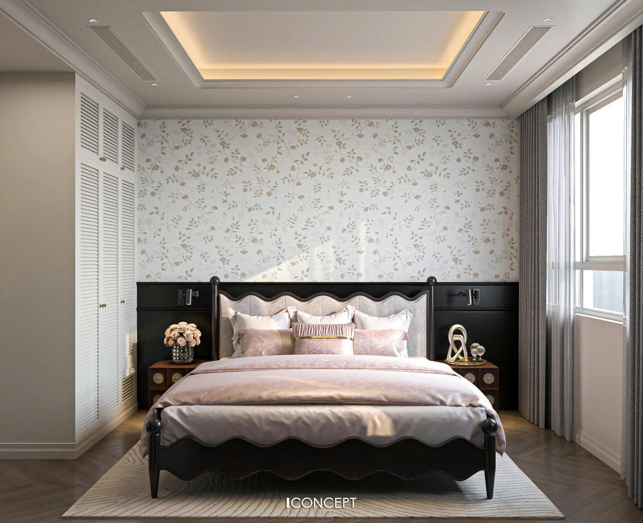 Giấy dán tường họa tiết hoa cỏ nhẹ nhàng mang đến bầu không khí nữ tính và thư thái.