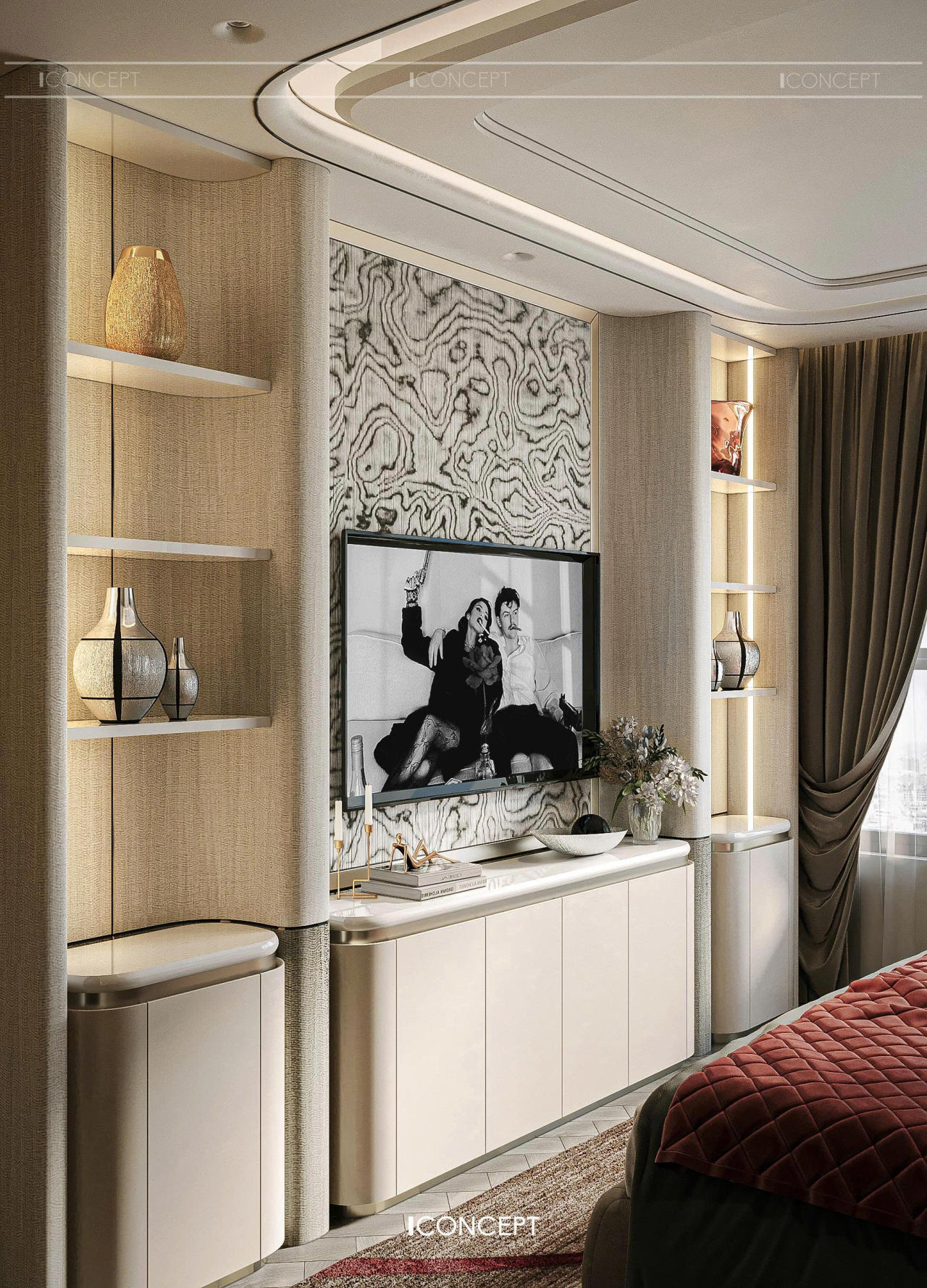 Sự kết hợp giữa tông xám ghi chủ đạo và sắc đỏ nhung (ruby red) từ gối tựa tạo nên một sự tương phản đầy quyền lực nhưng vẫn giữ được nét quyến rũ, riêng tư cần có của phòng ngủ.