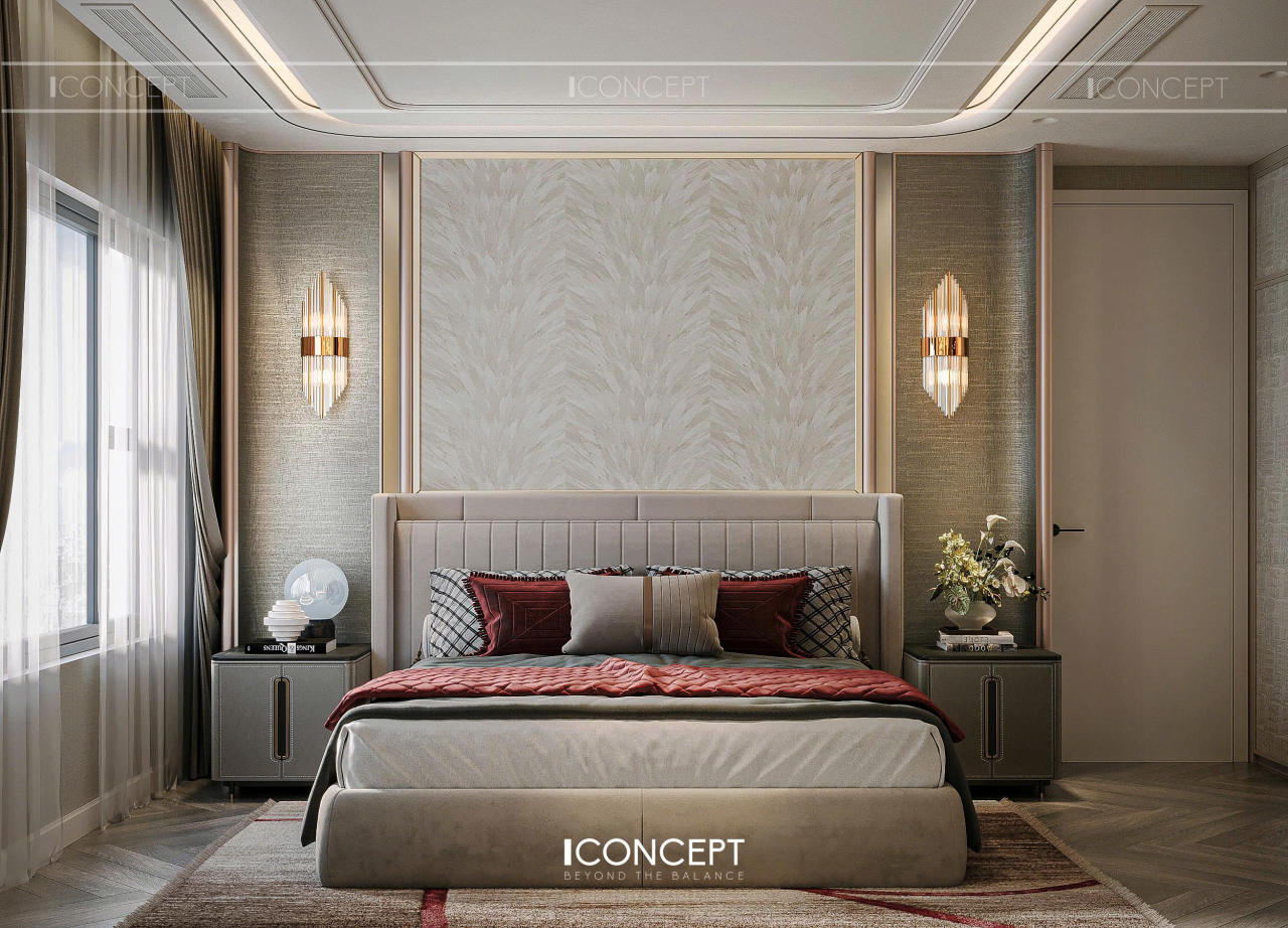 Điểm nhấn ấn tượng nhất chính là mảng tường đầu giường với họa tiết lông vũ đối xứng, gợi liên tưởng đến sự mềm mại và giấc ngủ sâu.