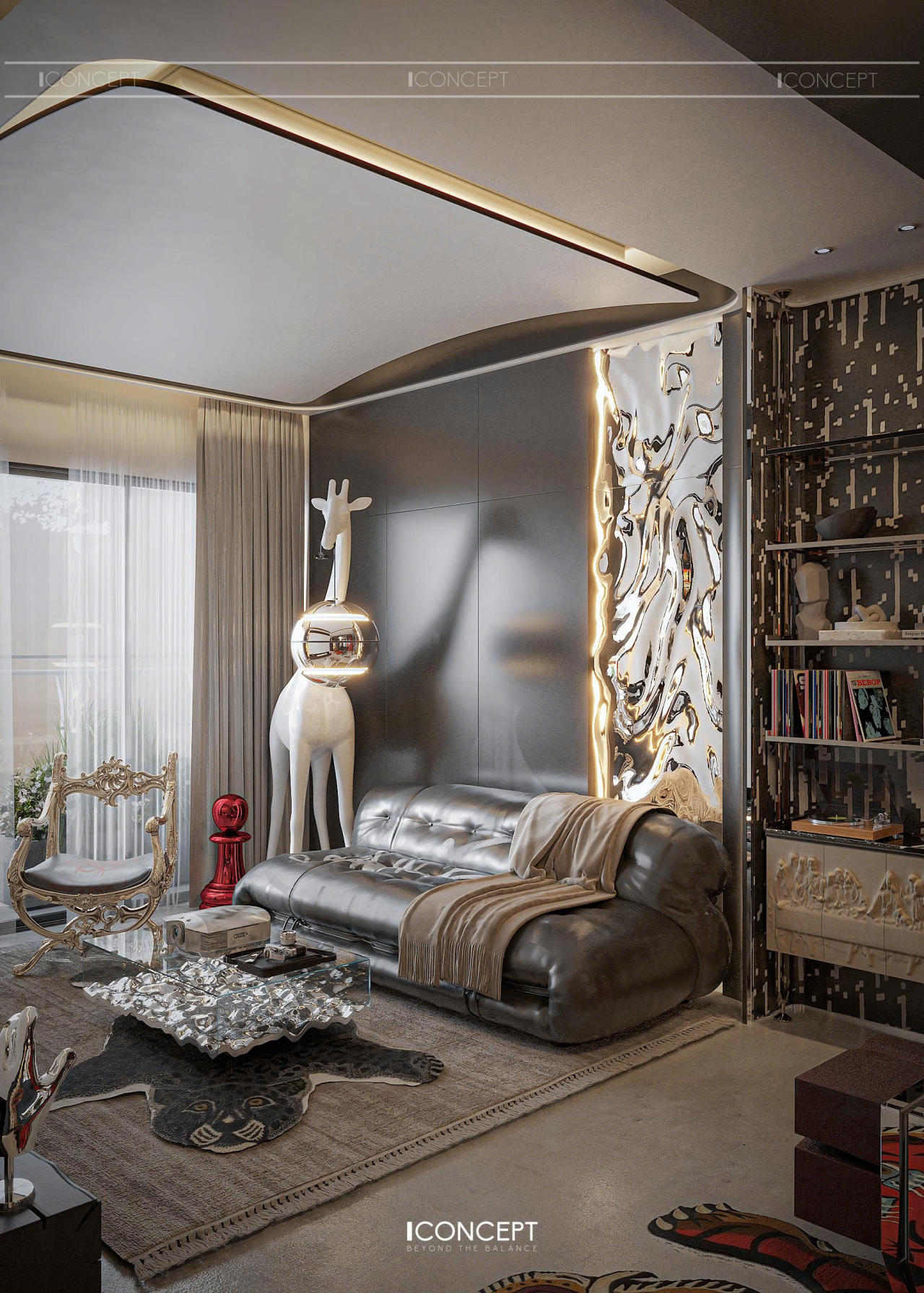 Chiếc ghế chạm khắc baroque được tái hiện với tinh thần đương đại — đối thoại giữa quá khứ và hiện tại.