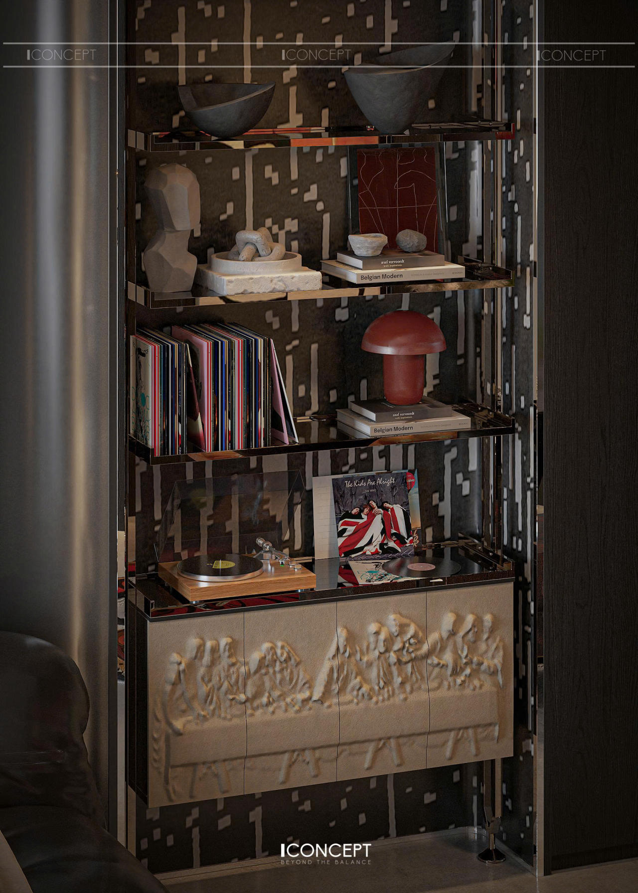 Hệ kệ kim loại – kính phản chiếu tạo chiều sâu thị giác, nơi mỗi món decor trở thành một “tác phẩm” trong không gian sống.