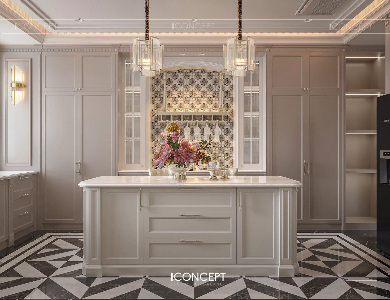 Không gian bếp trong thiết kế tân cổ điển hướng đến sự tiện nghi nhưng vẫn giữ được vẻ đẹp tinh tế