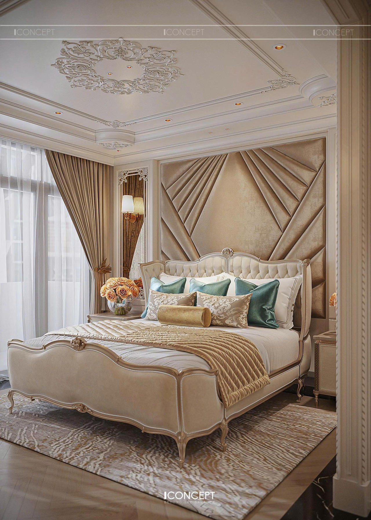 Đầu giường bọc da nhấn nút cổ điển và bảng màu beige – xanh teal sang trọng, tạo nên điểm nhấn quý phái và ấm áp cho không gian nghỉ ngơi.