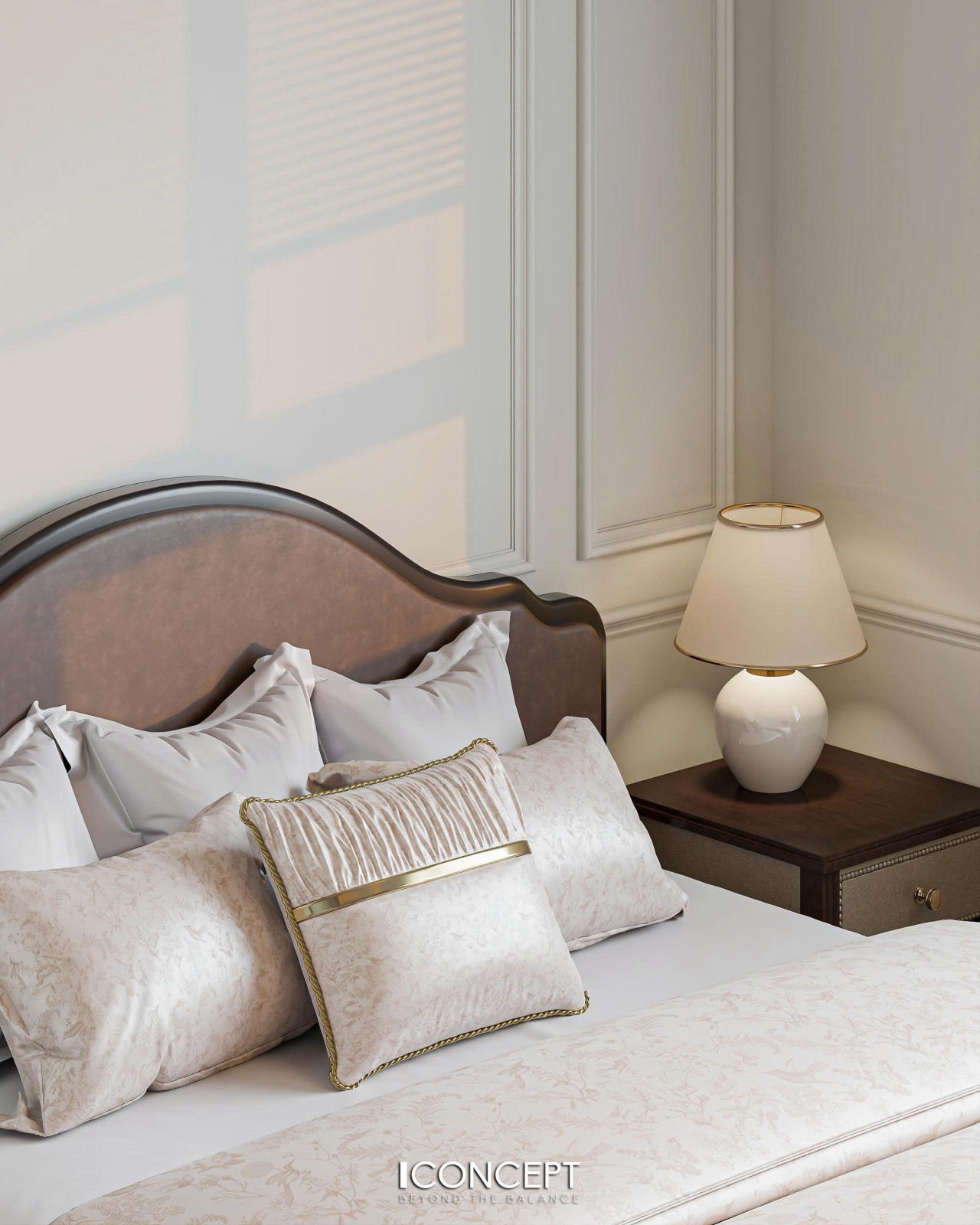 Nền tường trắng kem kết hợp phào chỉ mảnh tạo nên vẻ thanh lịch vượt thời gian.