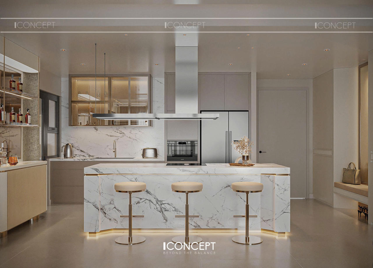 Đảo bếp ốp đá marble với những đường vân mây mạnh mẽ trở thành điểm nhấn thị giác trung tâm.