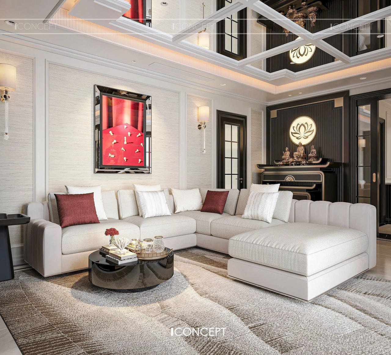 Phòng khách mở ra với bảng màu quyền lực của đen và xám, nơi ánh sáng phản chiếu qua trần gương tạo nên chiều sâu sang trọng và cảm giác không gian được nhân đôi.