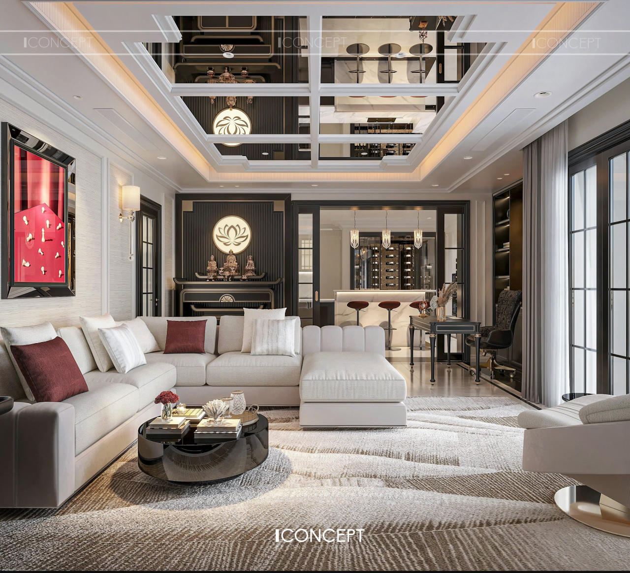 Bộ sofa chữ L tông xám nhã nhặn cân bằng hoàn hảo với các mảng tường tối, mang đến sự êm ái và thư giãn trong một tổng thể đầy khí chất.