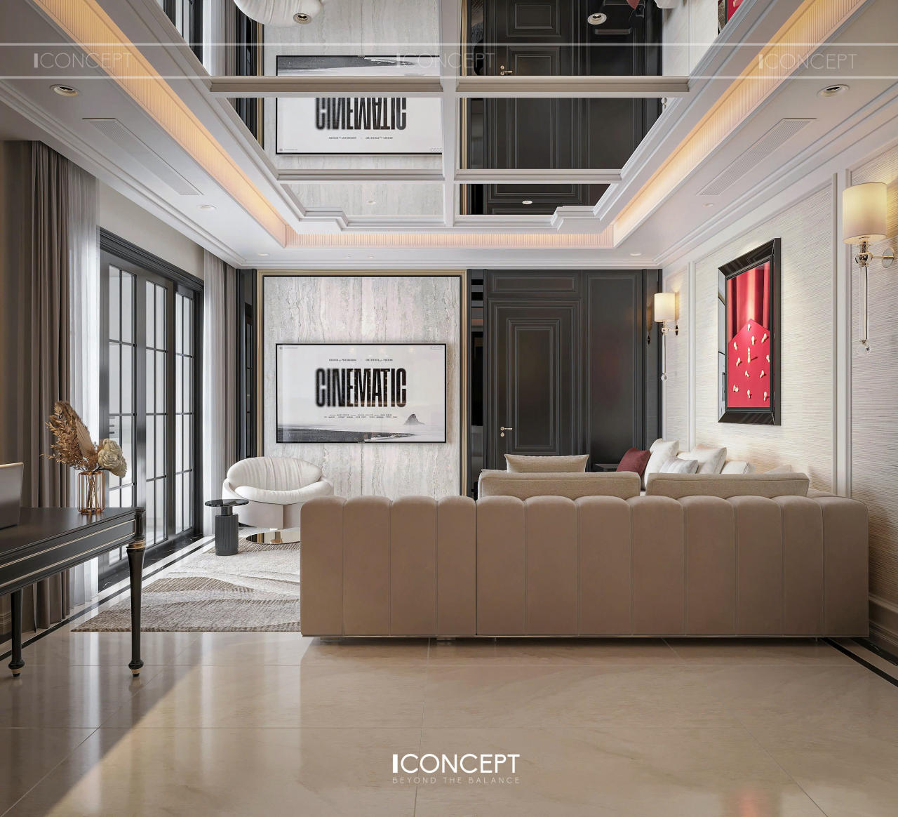 Hệ đèn âm trần và vật liệu cao cấp phối hợp tinh tế, tạo nên bầu không khí trang nhã cho những buổi tiếp đón mang đậm dấu ấn thượng lưu.