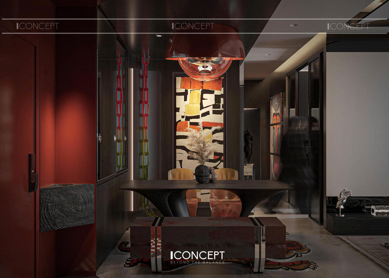 Khu bếp theo tinh thần tối giản hiện đại với bảng màu tương phản đỏ — đen đầy cá tính, nhấn mạnh sự gọn gàng và tính chính xác trong từng đường nét.