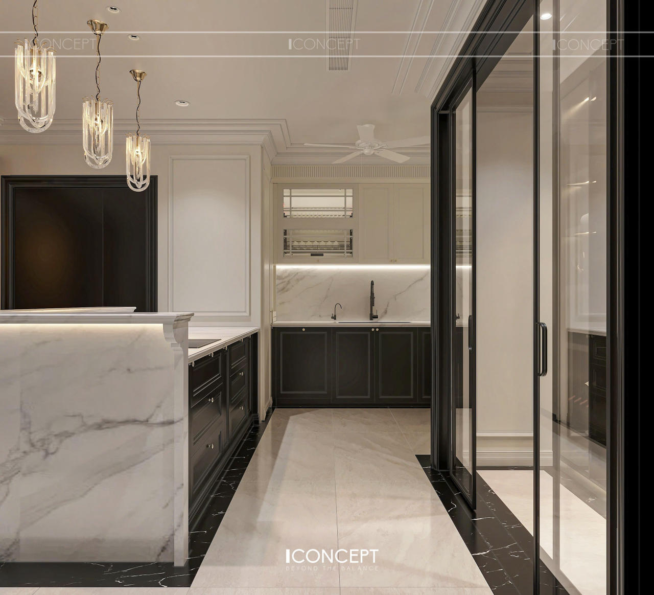 Đảo bếp marble vân mây trắng nổi bật giữa nền tủ bếp đen tuyền, tạo nên sự tương phản mạnh mẽ nhưng tinh tế.