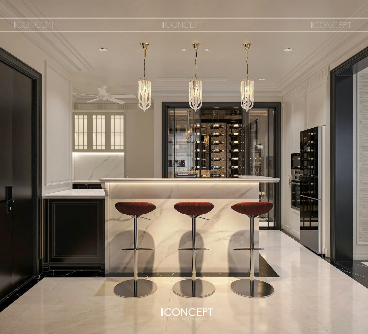 Ba ghế bar nhung đỏ trở thành điểm nhấn quyến rũ, gợi nên hình ảnh của một lounge sang trọng ngay trong căn hộ.