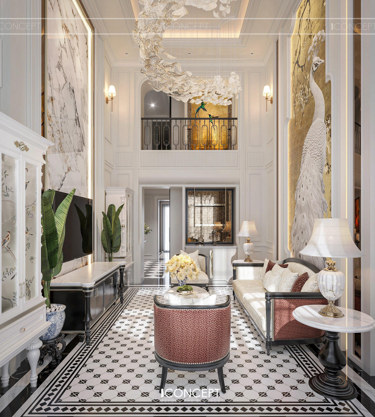 Sàn gạch hoặc đá họa tiết cổ điển hoàn thiện tổng thể sang trọng đặc trưng