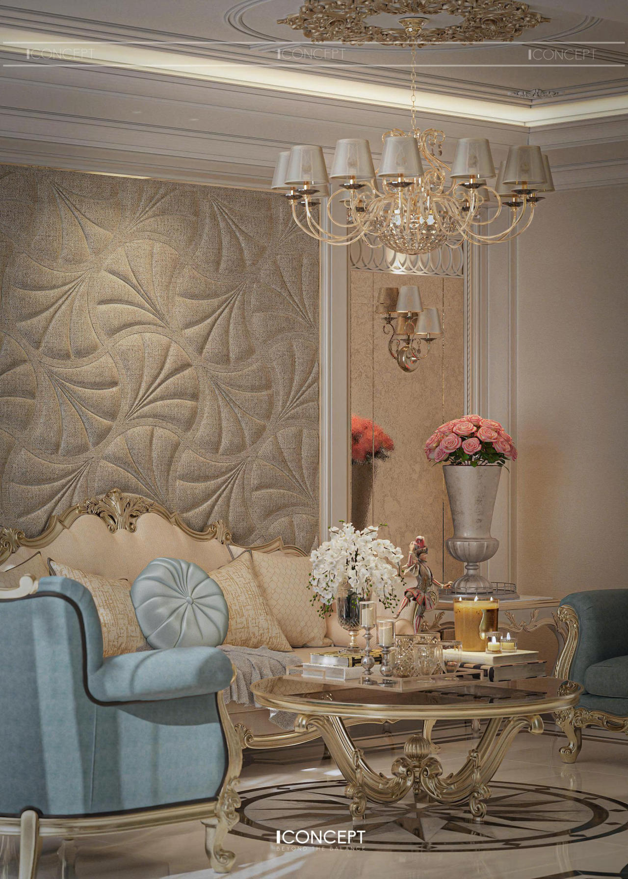 Tông màu kem chủ đạo kết hợp chi tiết mạ vàng tinh tế, vách trang trí phào chỉ nổi bật cùng bộ sofa cổ điển cao cấp