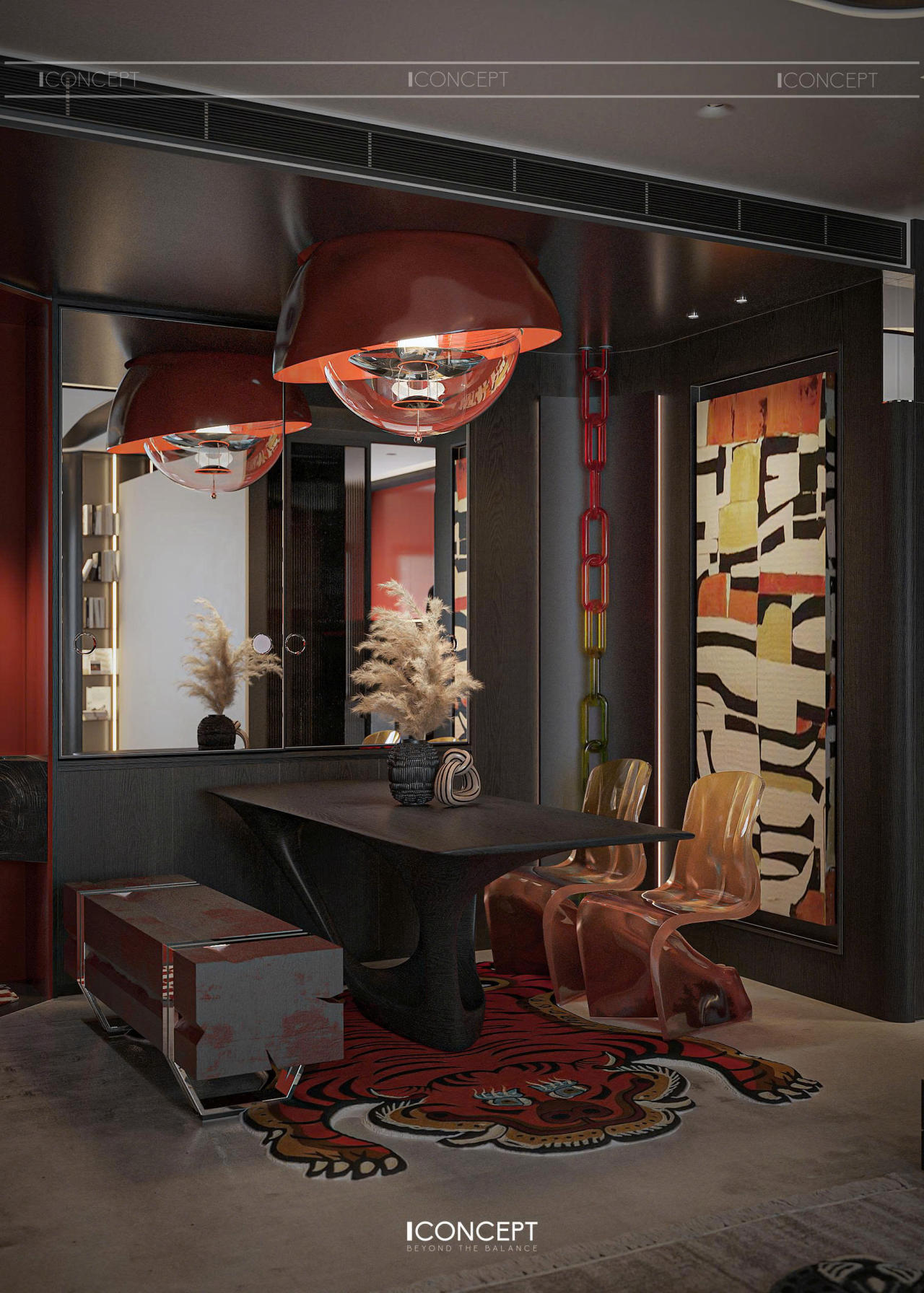 Bàn sculptural kết hợp ghế trong suốt và ánh sáng nghệ thuật tạo nên một góc sinh hoạt mang tính trình diễn thị giác.