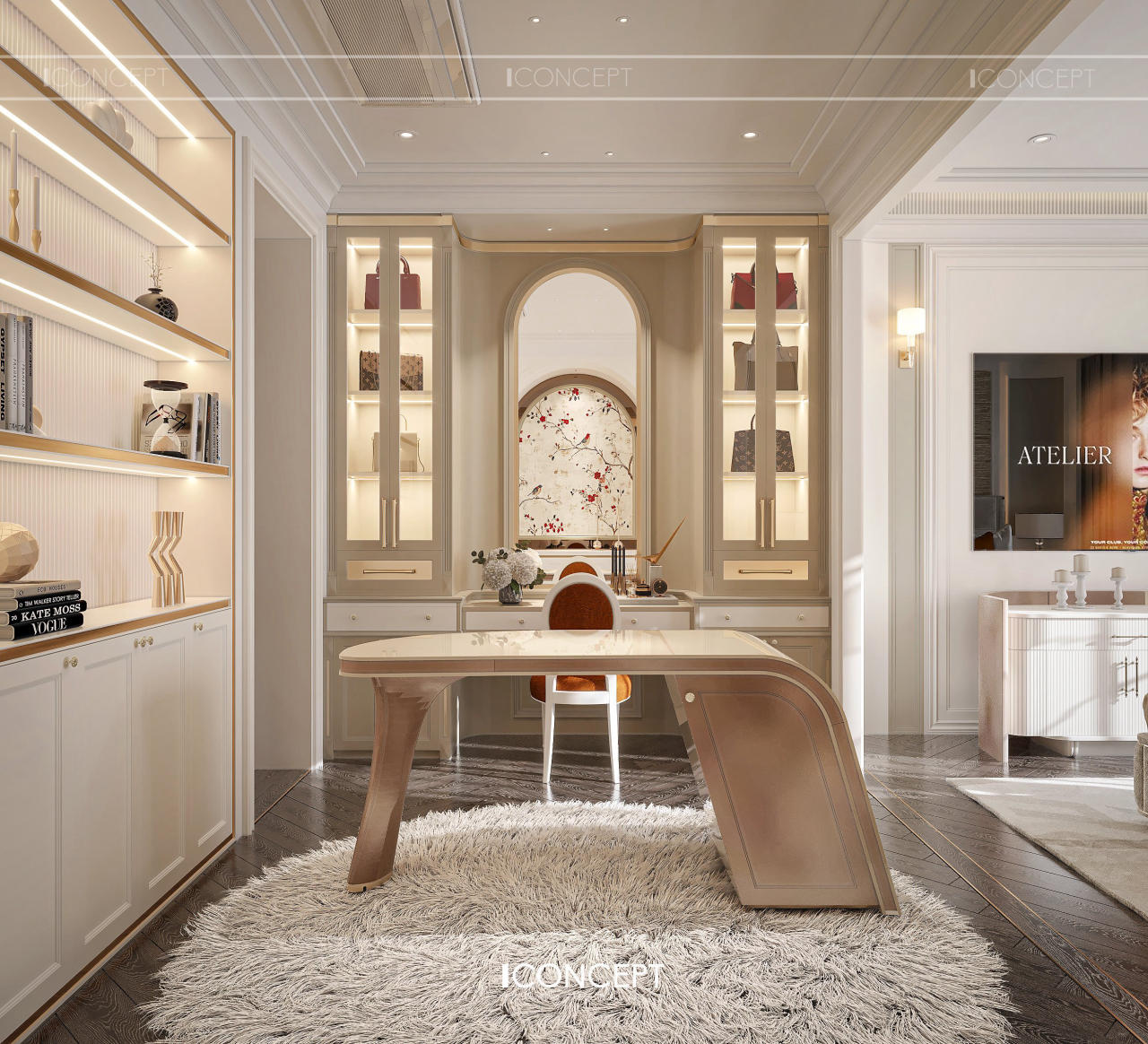 Khu vực làm việc trong nhà tân cổ điển thường được thiết kế theo hướng tiết chế chi tiết để đảm bảo sự tập trung