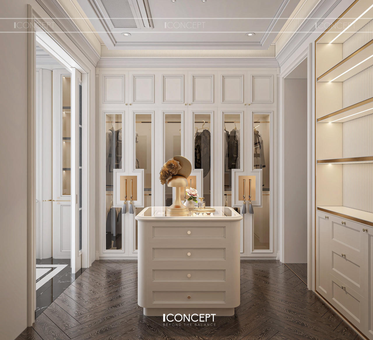 Hệ tủ quần áo thường được thiết kế âm tường hoặc kịch trần nhằm tối ưu diện tích lưu trữ, đồng thời tạo cảm giác gọn gàng và bề thế.