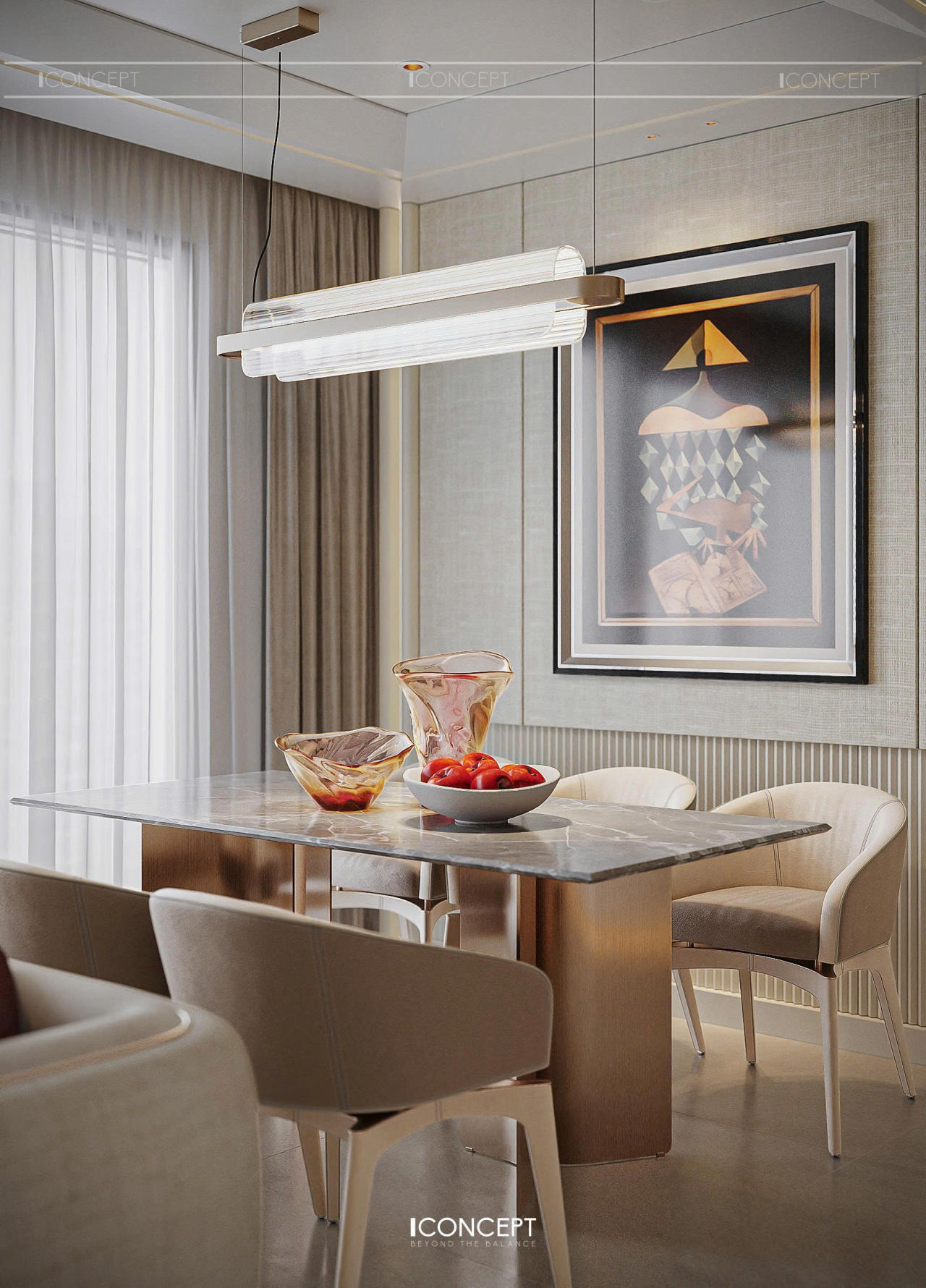 Ánh sáng vàng ấm hắt nhẹ dưới chân đảo bếp tạo hiệu ứng "floating" (bay bổng), mang lại cảm giác nhẹ nhàng dù sử dụng vật liệu đá nguyên khối.