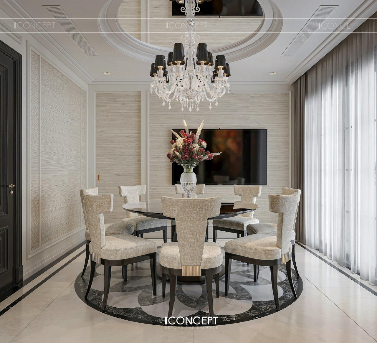 Bàn ăn tròn dưới đèn chùm pha lê tạo nên bố cục trang trọng, gợi cảm giác của những bữa tiệc ấm cúng nhưng đầy tinh tế.