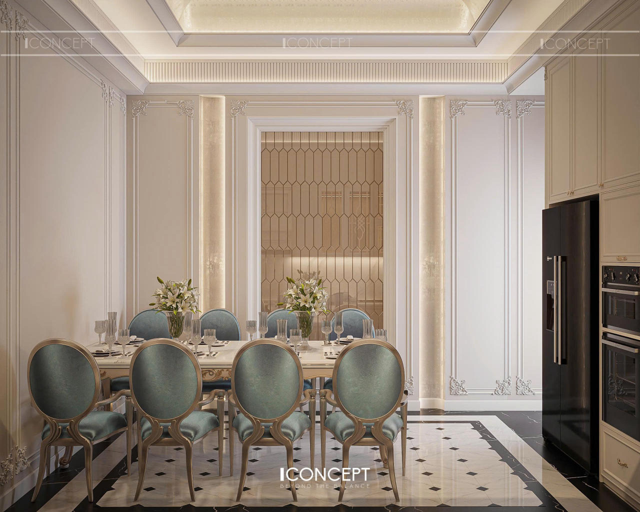 Không gian bếp phong cách Neo-Classic với bảng màu kem trang nhã đồng bộ phòng khách