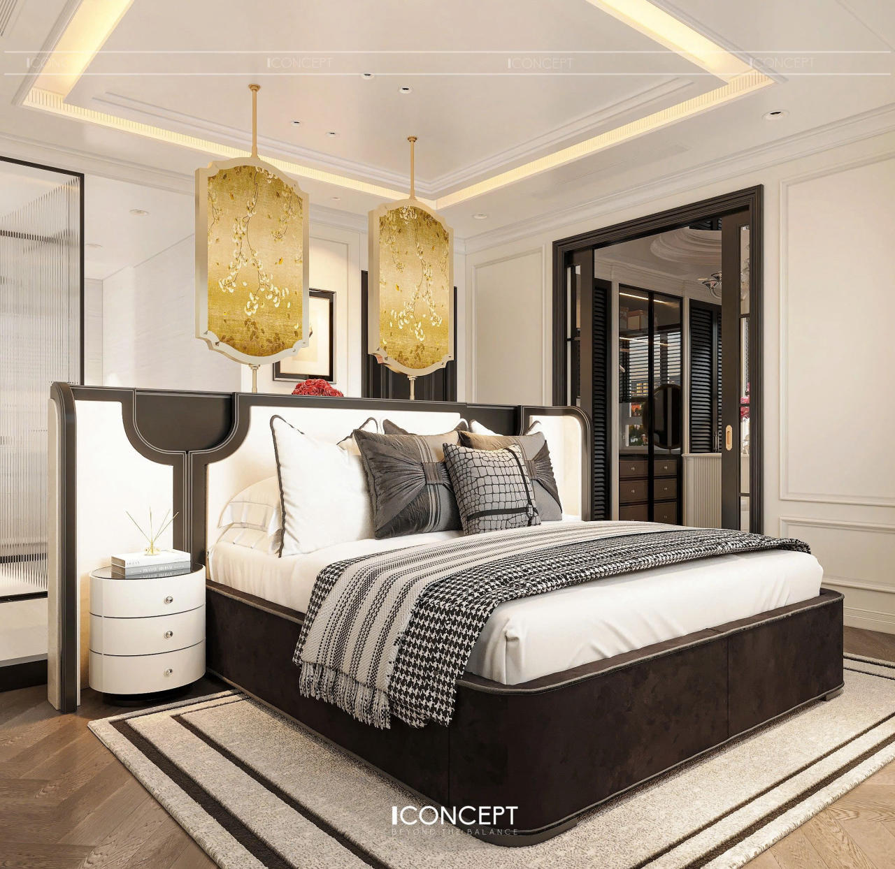 Chiếc giường với vách đầu giường bọc nệm tạo hình rẻ quạt trở thành tâm điểm, mang đến cảm giác xa hoa như một suite khách sạn cao cấp.