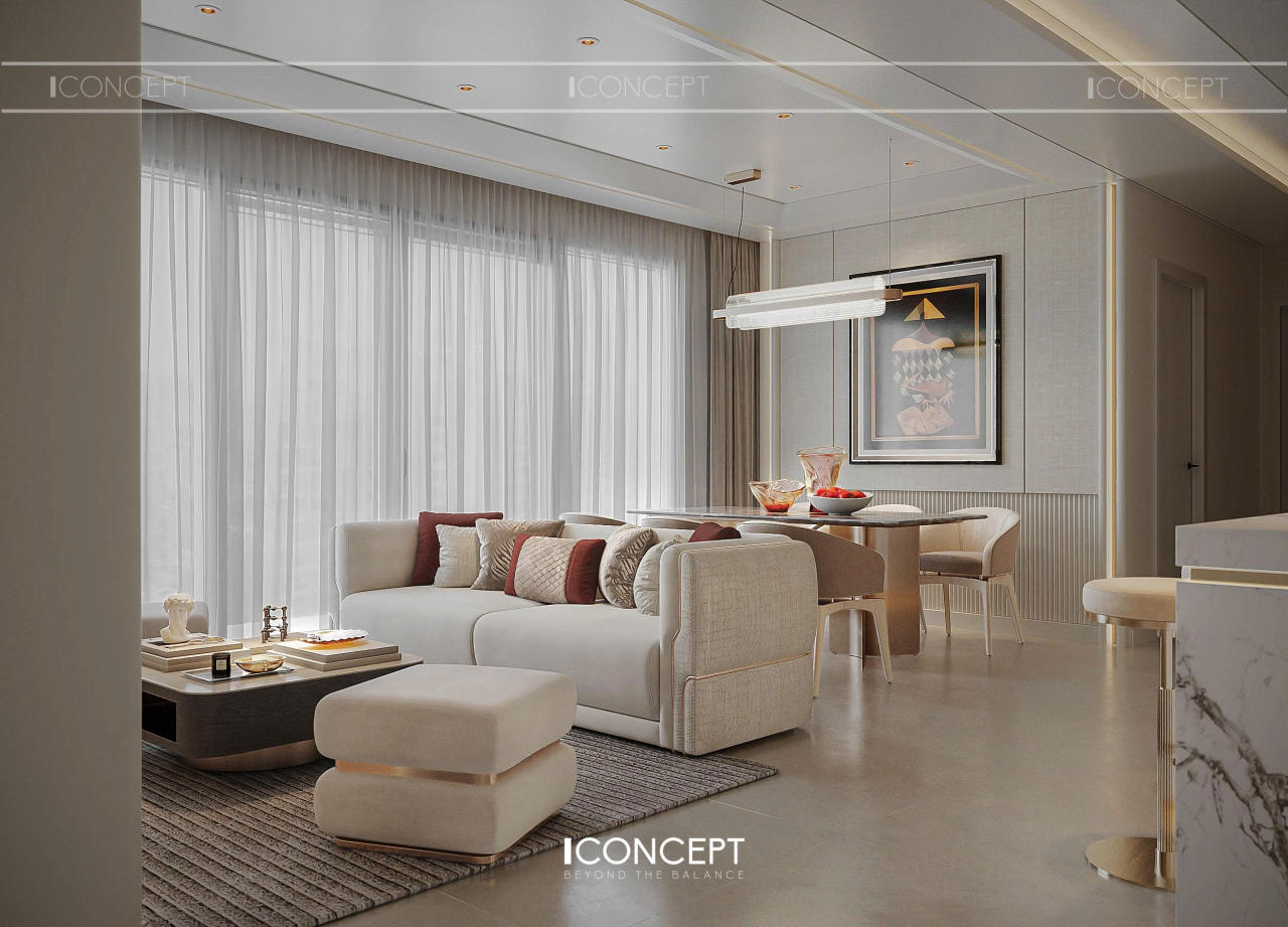 Không gian phòng khách được coi như một bản giao hưởng của những gam màu trung tính.