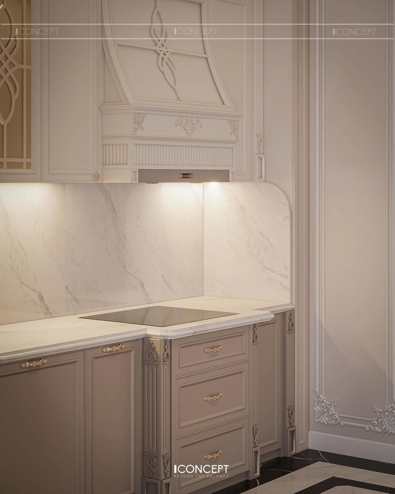 Hệ tủ bếp phào chỉ tinh xảo kết hợp tay nắm mạ vàng tạo điểm nhấn sang trọng.