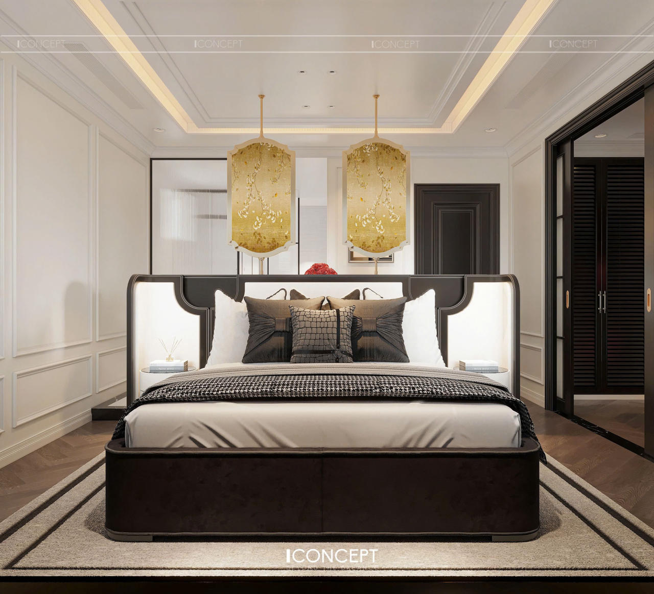 Ánh sáng vàng hắt nhẹ phía sau đầu giường tạo nên bầu không khí ấm áp và thư giãn tuyệt đối cho không gian nghỉ ngơi.