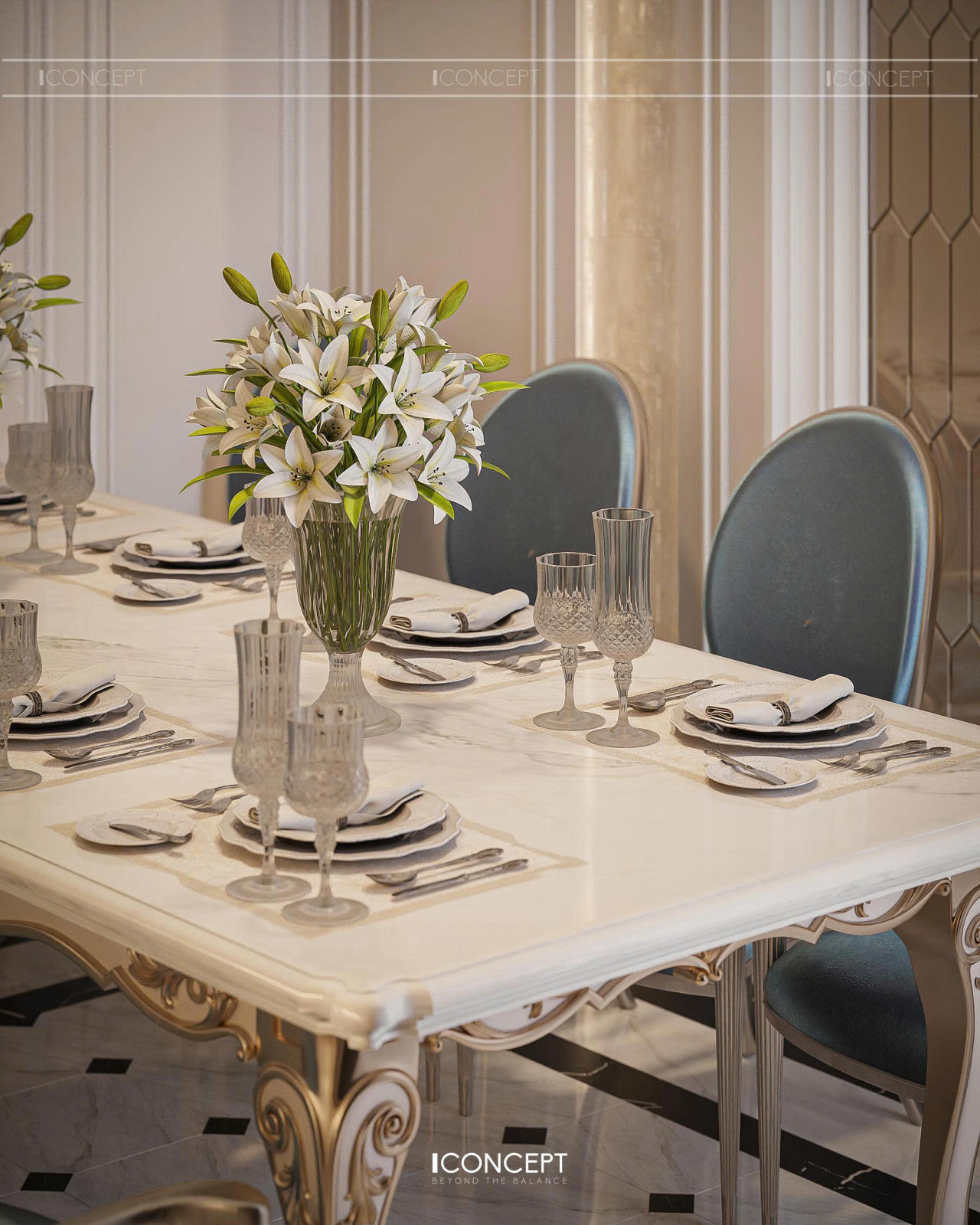 Mặt đá vân tự nhiên cùng ánh sáng ấm từ đèn thả cổ điển mang đến cảm giác vừa tiện nghi hiện đại vừa ấm cúng