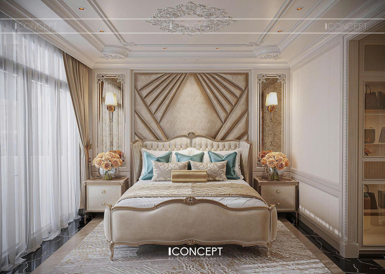 Giường ngủ Master phong cách Neo-Classic với khung gỗ tự nhiên sơn nhũ vàng