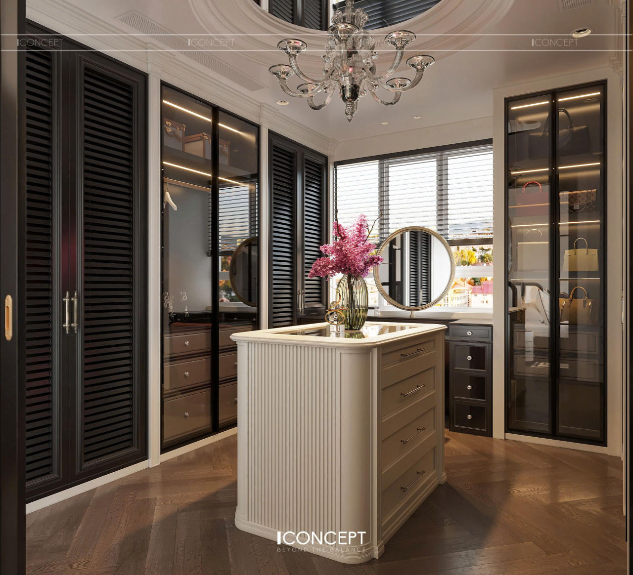 Khu vực bàn trang điểm với gương vòm mạ vàng đối xứng tôn lên vẻ đẹp thanh lịch và tinh tế của chủ nhân.